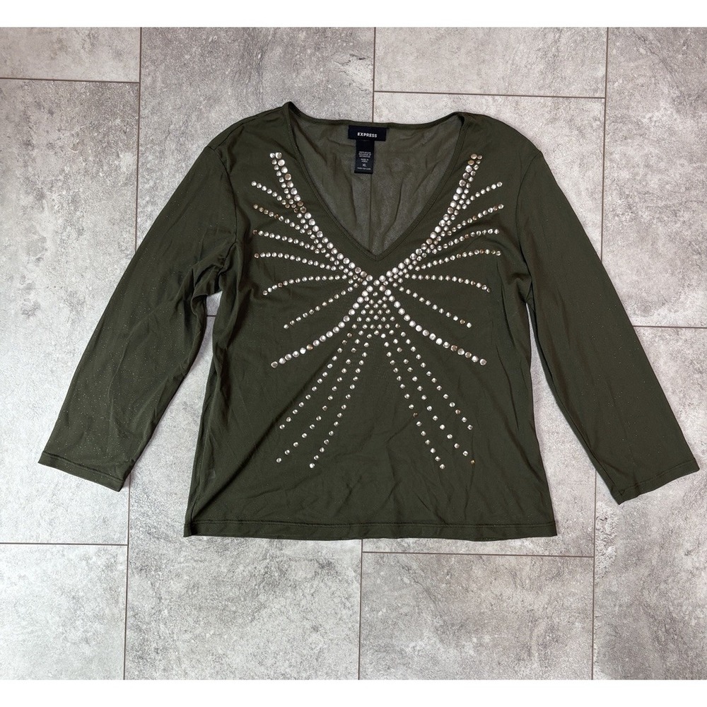 Express Women's XL Olive Green Sheer Studded V-Neck Top Made in Korea Y2K